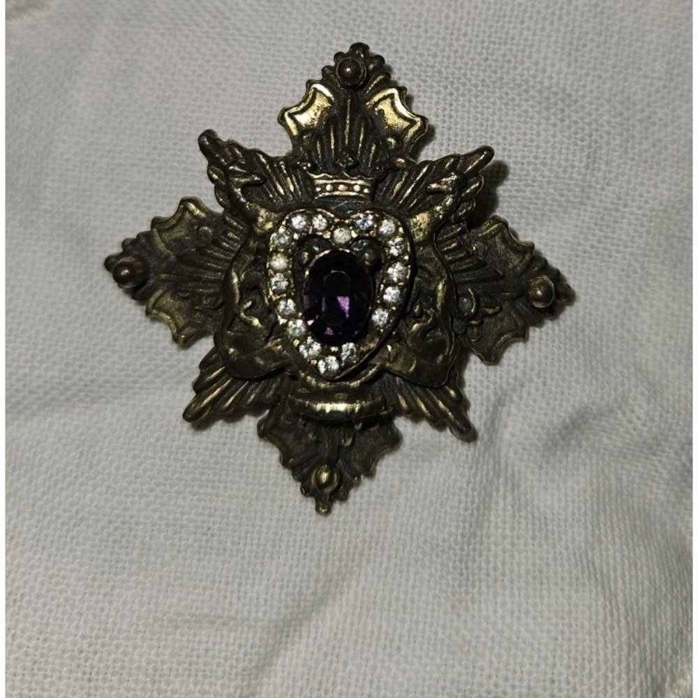 Vintage Coro Signed Brooch Pin Maltese Cross Gold Tone Faux Amethyst Purple